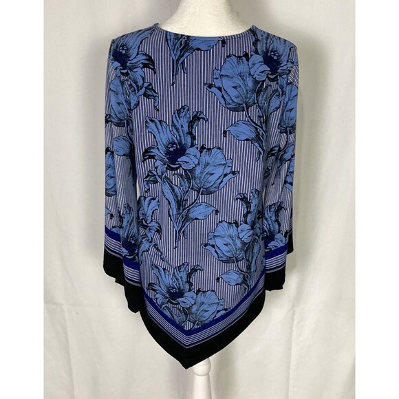 Alfani Sz Small Asymmetrical Hem Pullover Floral Tunic Blouse Blue Stretch EUC - Picture 3 of 7